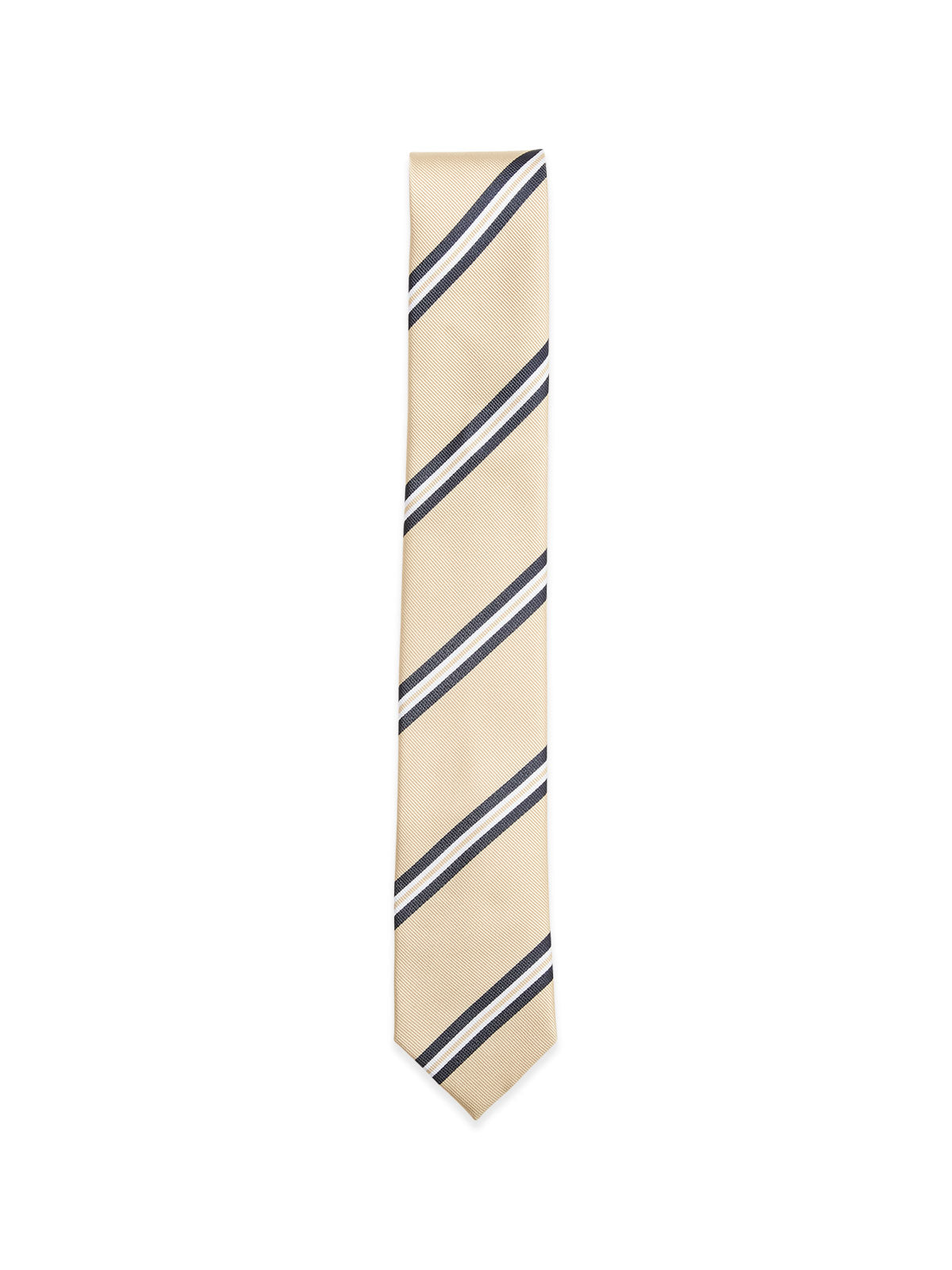 The BGponsy Tie - Pale Khaki by Blue de Gênes is a men’s necktie with evenly spaced diagonal navy blue and white stripes, shown against a white background.