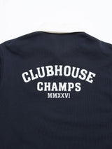 Introducing the BGclubhouse Rugby Sweatshirt in navy by Blue de Gênes—a soft cotton jersey piece inspired by athletic heritage, featuring a white collar and bold “CLUBHOUSE CHAMPS MMXXVI” text in white on the back.