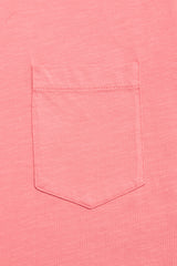 A close-up of the BGoscar T-Shirt - Coral by Blue de Gênes, featuring a classic crewneck and single chest pocket with visible stitching, made from 100% cotton.