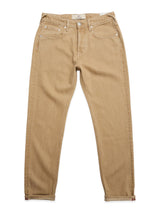BGgiacomo Color Jeans - Tanin by Blue de Gênes laid flat on a white background, showcasing five pockets, belt loops, and a button closure. Made from rigid denim with a relaxed loose fit, these jeans feature a straight leg cut and visible stitching along the seams and pockets.