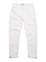 The BGvinci Bianco Jeans - White by Blue de Gênes are regular fit, Italian-made jeans in comfort stretch denim, with front pockets, belt loops, a button closure, and rolled-up cuffs. Shown laid flat on a white background.