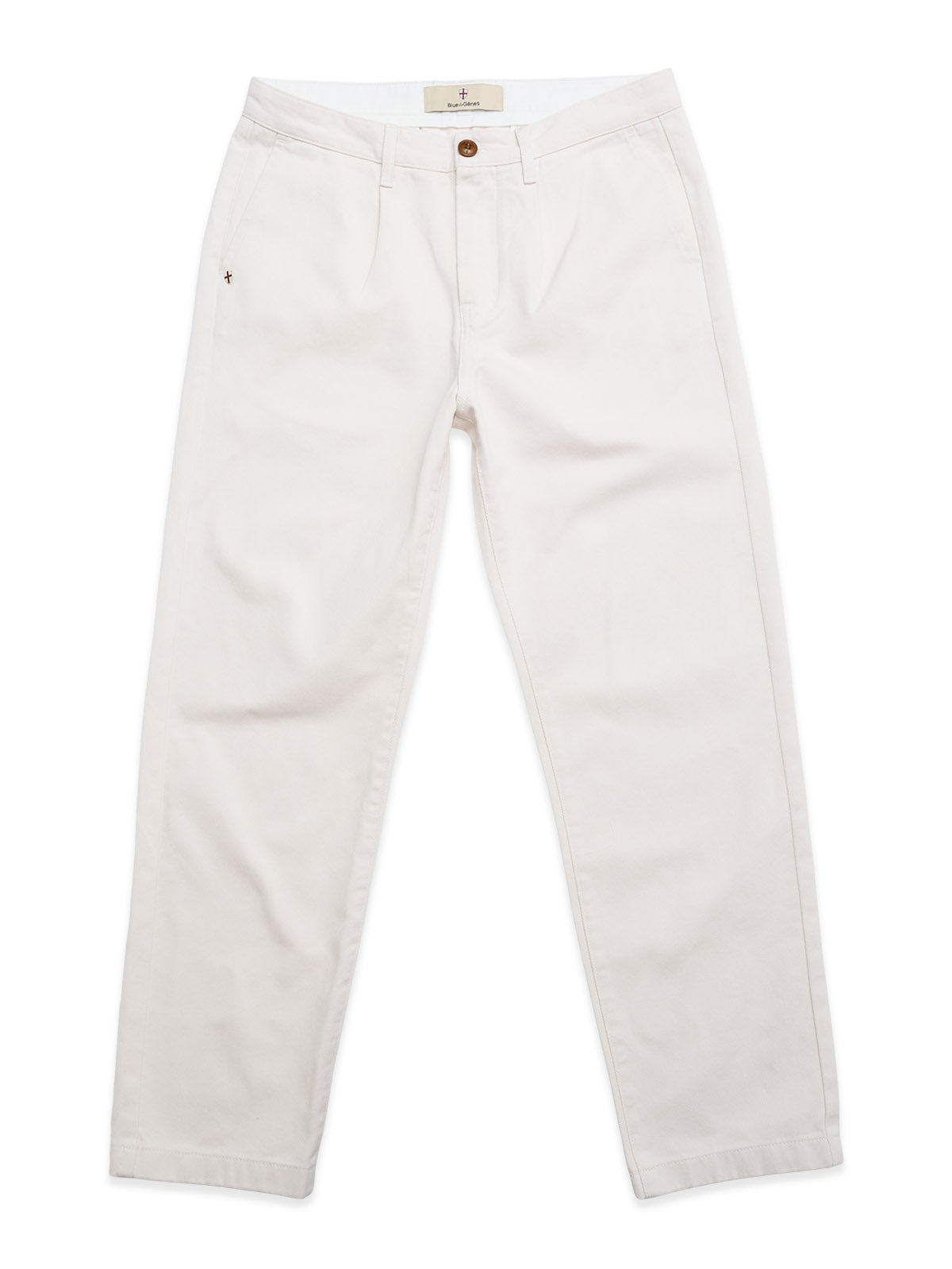 The BGpalco Twill Pants - Chalk by Blue de Gênes are relaxed fit, light beige cotton chinos with straight legs, button and zipper closure, and angled front pockets, shown flat on a white background.