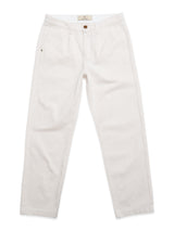 A pair of BGpalco Twill Pants in Chalk by Blue de Gênes, crafted from off-white cotton twill in a relaxed straight-leg fit with side pockets and a single button at the waist, laid flat on a white background—embodying the brand’s timeless style.