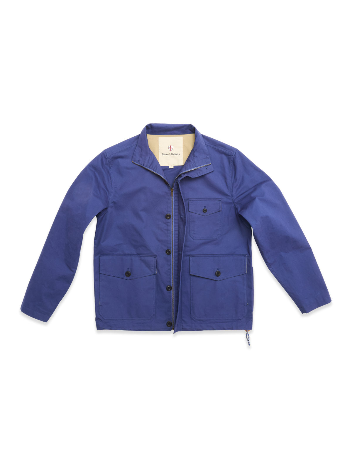 The Blue de Gênes BGcanopy Jacket in Navy Peony features a relaxed fit, collar, two chest pockets, and two large front pockets in heavy cotton for a classic workwear look, shown laid flat on a white background.