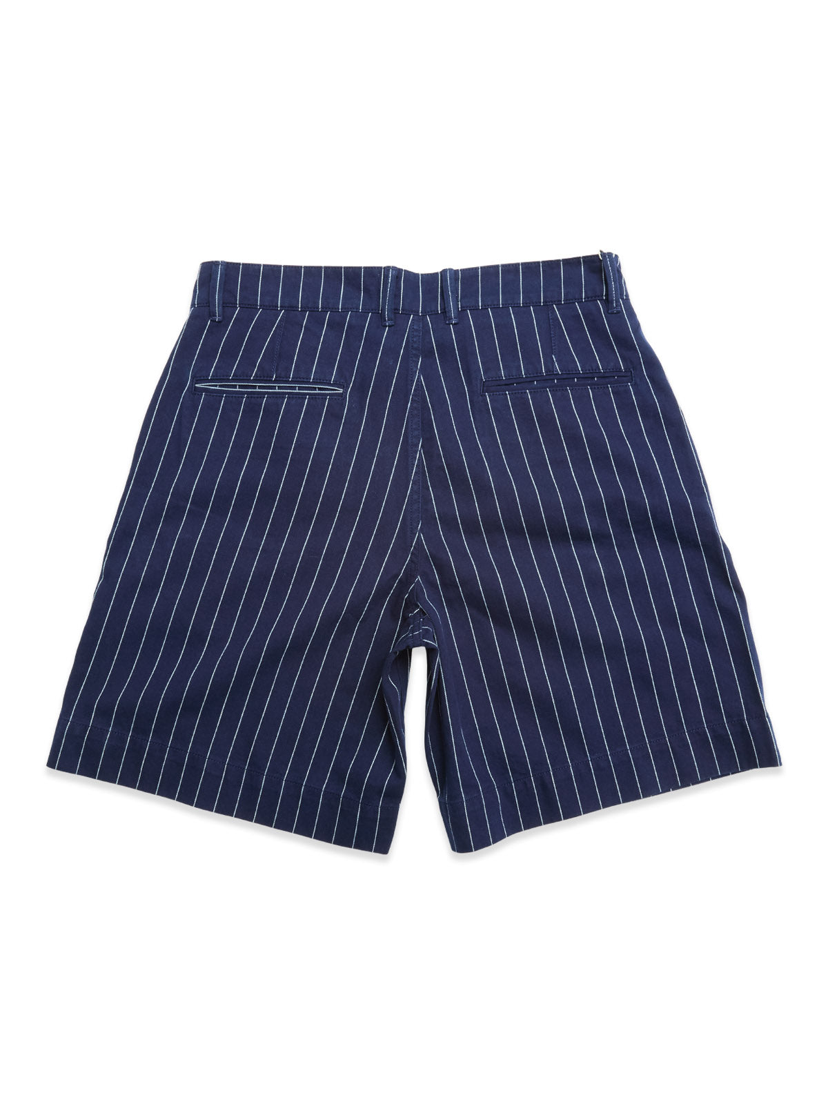Blue de Gênes BGcupra Toll Shorts in navy stripe feature white vertical pinstripes, a tailored waistband, and two back welt pockets—ideal for a relaxed workwear look. Displayed flat on a white background.