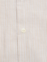 Close-up of the BGbasso Meco Shirt - Beige Stripe by Blue de Gênes, featuring beige and white vertical stripes, a central cream button, and expert Portuguese craftsmanship in 100% cotton.