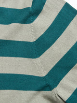 Close-up of the BGwally Stripe Polo in Shadow Green by Blue de Gênes, showing its knitted fabric with alternating horizontal teal and light gray stripes reminiscent of a classic striped polo shirt, and a visible seam running diagonally across the center.