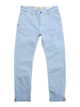 The BGpaulo Pavia Pant - Blue Fog by Blue de Gênes is a men's chino, made from stretch cotton with side and back pockets, belt loops, cuffed hems, and a button-zip waist closure.