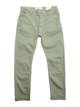 The BGpaulo Pavia Pant in Shadow Green by Blue de Gênes features cotton stretch fabric, front button and zipper closure, two front pockets, and subtle red accents on the hem and waistband.