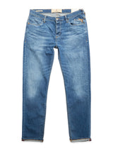The BGrepi Misto Jeans - Med Used by Blue de Gênes—a blue denim pair with a slight faded wash, button and zip closure, front and back pockets, and cuffed ankles—are laid flat on a white background.