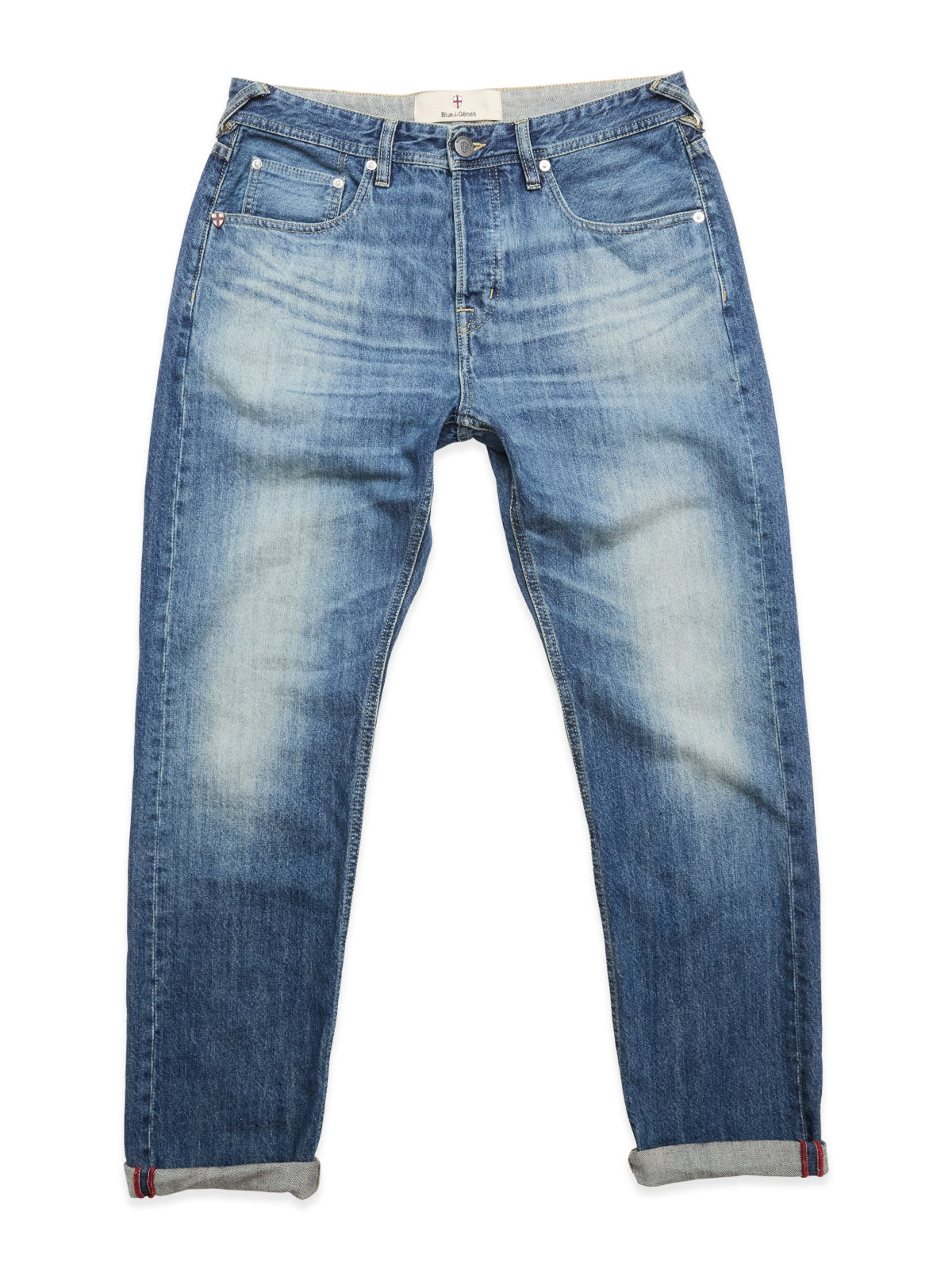 BGgiacomo Tim Jeans by Blue de Gênes in Antique wash—relaxed fit blue jeans with front pockets and rolled cuffs, made in Italy, displayed flat on a white background.