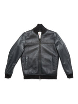 The Rufo Shearling Jacket - Scarab by Blue de Gênes is a men’s luxury outerwear bomber crafted from natural sheepskin leather, featuring a front zipper, two side pockets, and black ribbed cuffs, collar, and hem, shown laid flat on a white background.