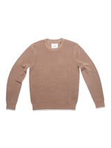 The Porto Knit - Fungi by Blue de Gênes, a light brown long-sleeve crewneck sweater from our premium men’s knitwear collection, is laid flat on a white background. Crafted from 100% wool, it features a ribbed collar, cuffs, and hem, with the brand’s tag visible at the neckline.
