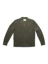 The Malakka Polo Knit - Army by Blue de Gênes is a long-sleeve, olive green polo sweater crafted from a soft wool blend, featuring a classic collar and three refined corozo buttons, laid flat on a white background.