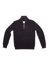 A navy, long-sleeve Blue de Gênes Yomaha Halfzip Knit ribbed pullover sweater with a high collar and a half-zip closure, laid flat on a white background.