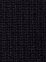 Close-up of a dark, ribbed knitted fabric with vertical rows and a soft texture, likely crafted from a wool blend yarn—perfect for the Blue de Gênes Yomaha Halfzip Knit in Navy.