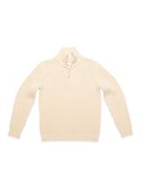 The Yomaha Halfzip Knit - Fungi by Blue de Gênes is a cream-colored, long-sleeve wool blend jumper with a ribbed knit texture, high collar, and short front zipper, shown laid flat on a white background.