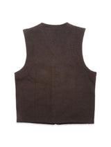 The Blue de Gênes Koi Wool Gilet in Chocolate is a sleeveless, collarless boiled wool vest with clean lines and no visible fastenings, shown from the back against a white background—ideal for stylish, insulating outerwear.
