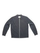 The Blue de Gênes Nuvali Polo Cardigan in Dark Slate is a long-sleeve wool blend with a collar and zip front, ideal for men's layering, shown flat on a white background.