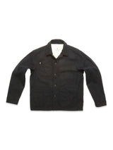 The Vincenzo Solid Jacket by Blue de Gênes in dark navy is an Italian wool workwear style with a collar, long sleeves, and three front pockets, shown flat against a white background.