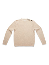 The Toyama Knit L/S - Oat by Blue de Gênes is a beige Merino wool crew neck sweater with three dark buttons on one shoulder, shown laid flat on a white background.