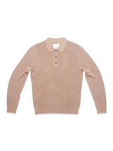 The Porto Polo Knit - Fungi by Blue de Gênes is a light brown, long-sleeve collared sweater featuring four buttons down the front, shown flat on a white background.