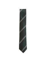 The Nekutaki Tie #D - Green Stripe by Blue de Gênes is a classic men’s accessory, featuring bold diagonal white stripes on a dark green background, displayed against plain white—perfect for adding timeless style to any formal occasion.
