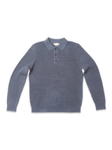 The Porto Polo Knit - Dark Slate by Blue de Gênes is a men's luxury long-sleeve sweater with a collar and three-button placket, shown laid flat on a white background.