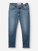 BGvinci Girisha Used Jeans by Blue de Gênes: regular fit, blue comfort stretch denim, classic five-pocket style with button closure and subtle fading, shown laid flat on a white background.