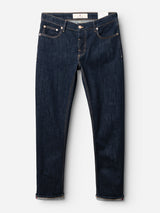 The Blue de Gênes BGvinci Girisha Rinse Jeans - Rinse Wash are dark blue, regular fit jeans in comfort stretch denim with copper rivets, contrast stitching, and a classic five-pocket design, shown laid flat on a white background.