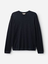 The BGmonty Knit by Blue de Gênes in dark navy is laid flat on a white background, highlighting its classic long-sleeve crewneck style.