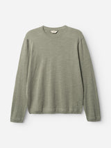 The BGmonty Knit by Blue de Gênes is a shadow green, long-sleeve crewneck jumper in a cotton-linen blend with a minimalist, pattern-free design, shown against a white background.