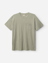 A BGoscar T-Shirt in Shadow Green by Blue de Gênes, featuring a classic crewneck, short sleeves, and a chest pocket, is laid flat on a white background.