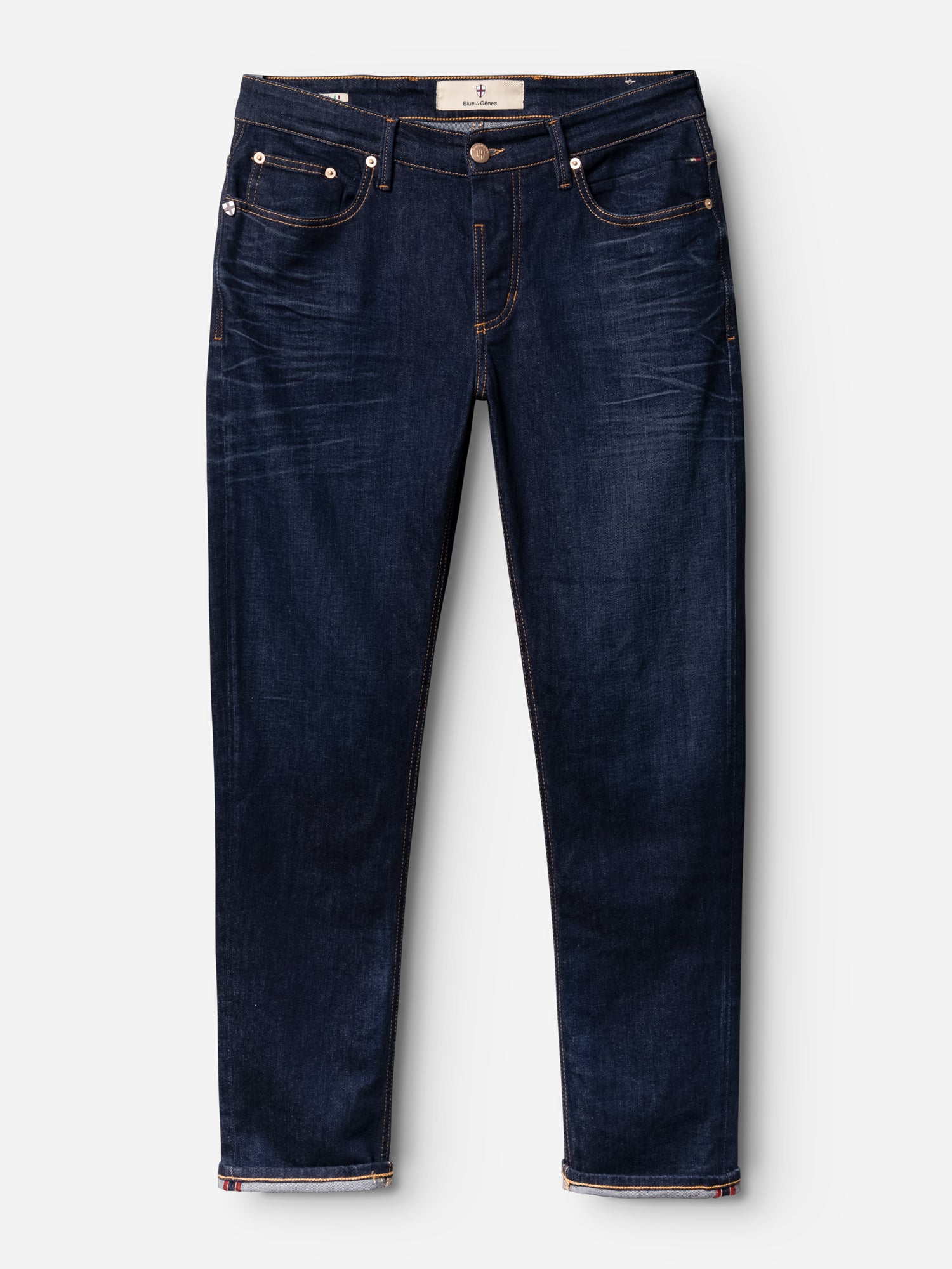 The BGvinci Pala Dark V2 Jeans by Blue de Gênes are regular fit, dark blue comfort stretch denim jeans with orange stitching, five pockets, and a button closure. Crafted in Italy, shown flat on a white background.