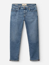 The BGvinci Pala Used V2 Jeans by Blue de Gênes feature classic blue comfort stretch denim, a straight-leg fit, five pockets, belt loops, and a button-zipper closure, shown flat on a white background.