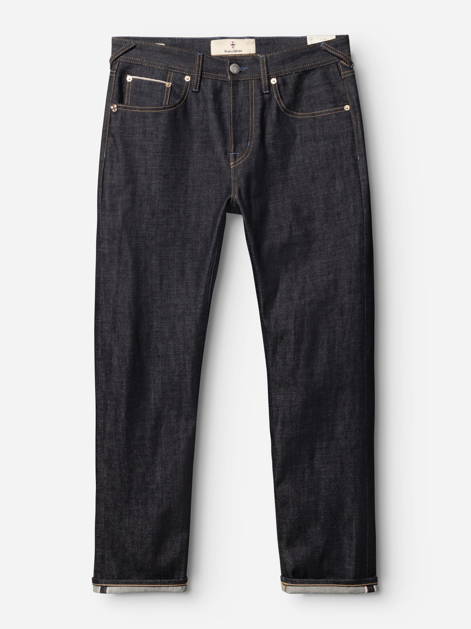 The BGgiacomo Selvedge V2 Jeans - Raw Denim by Blue de Gênes are a pair of dark indigo rigid denim jeans featuring tan stitching, five-pocket styling, and a button fly, laid flat on a white background. Expertly made in Italy for exceptional quality.