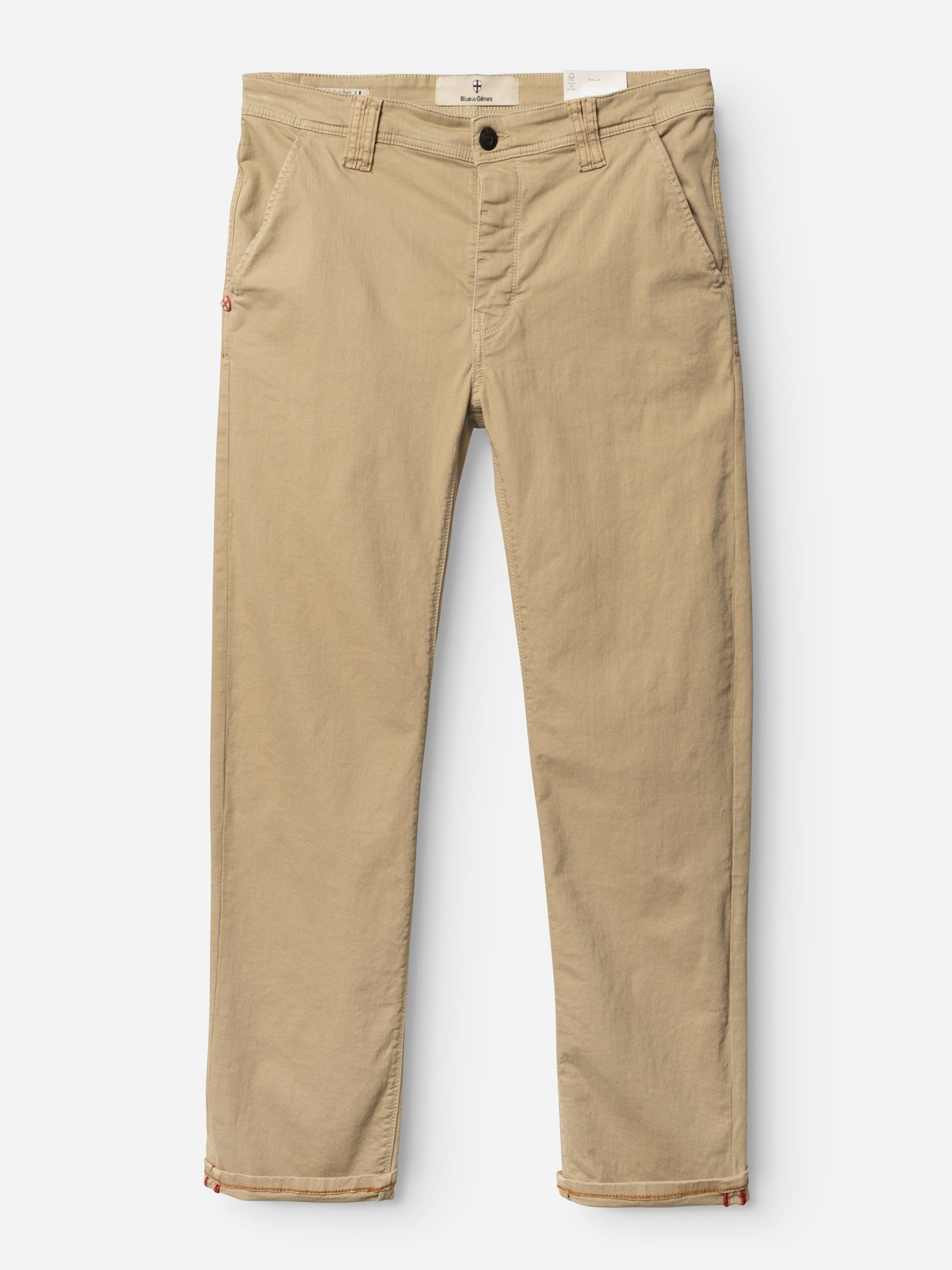 The Blue de Gênes BGpaulo Pavia 1 V2 Chino in Khaki is a pair of cotton stretch chinos with front pockets, belt loops, and a button and zipper closure, shown laid flat on a white background.