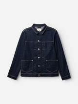 The BGcosimo Trucker V2 Jacket - Dark Blue Denim by Blue de Gênes features bronze buttons, two large front pockets, a pointed collar, and tan stitching. This classic western-style jacket is expertly crafted in Italy and shown on a plain white background.