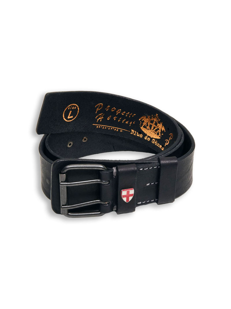 The Cintura Belt - Black by Blue de Gênes is made from cow leather with a metal buckle, white stitching, and a red and white shield emblem on the loop. Gold text and logos decorate the inner side for a stylish touch.