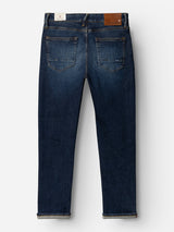 The BGvinci Hermina Jeans - Med Used by Blue de Gênes are shown from the back, highlighting two rear pockets, a brown leather patch on the waistband, and visible stitching. Made from comfort stretch denim, these regular fit jeans feature a straight-leg silhouette and slightly rolled-up cuffs.
