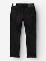 Back view of BGvinci TrueBlack Jeans - Black Denim by Blue de Gênes, featuring two rear pockets, a black waistband patch, and a small tag on the right pocket; these regular fit jeans are laid flat on a white background and crafted from comfort stretch denim.