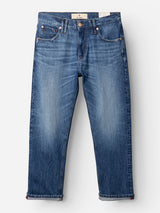 BGmarco Sioux Jeans - Used by Blue de Gênes: Relaxed fit blue cotton denim jeans with a straight-leg cut, five-pocket design, copper rivets, and button closure. These jeans feature a slightly faded, worn-in look and are shown laid flat on a light background.