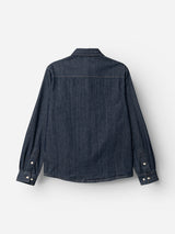 The BGgregor Denim Shirt in Denim Blue by Blue de Gênes is displayed from the back, featuring long sleeves with buttoned cuffs and a straight yoke across the shoulders, set against a plain white background.