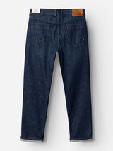 The BGgiacomo Arthour Jeans - Denim Blue by Blue de Gênes are shown laid flat from the back, featuring two rear pockets, a leather patch on the waistband, and slightly rolled-up cuffs.