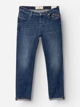 The BGrepi Callum Jeans in mid blue denim by Blue de Gênes are classic five-pocket jeans crafted from comfort stretch denim with a regular slim-fit silhouette, featuring subtle fading at the thighs and knees, shown laid flat on a white background.