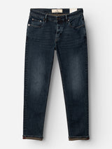 The BGvinci Ewan Jeans in Color Denim by Blue de Gênes feature a straight, regular fit crafted from comfort stretch denim in a dark blue wash for all-day ease. These jeans are designed with five pockets and visible stitching, and are displayed laid flat on a white background.