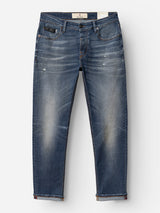 The BGvinci OM Jeans - Denim wash from Blue de Gênes are regular fit blue jeans in an authentic worn-in wash, featuring a classic five-pocket design with a faded and distressed look, slight tears, and front whiskering, shown flat against a white background.
