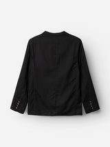 The BGleopardi Ian Blazer - Black by Blue de Gênes is displayed from the back against a white background. This jacket features long sleeves with buttoned cuffs and a classic collar.