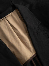 A close-up of the BGleopardi Ian Blazer in black by Blue de Gênes, showcasing the lapel and inside fabric detail with its contrasting beige lining.