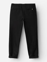 The Blue de Gênes BGpalco Ian Pant in black is displayed flat on a white background, shown from the back. Featuring belt loops, two back pockets, a tapered silhouette, and neatly cuffed hems.